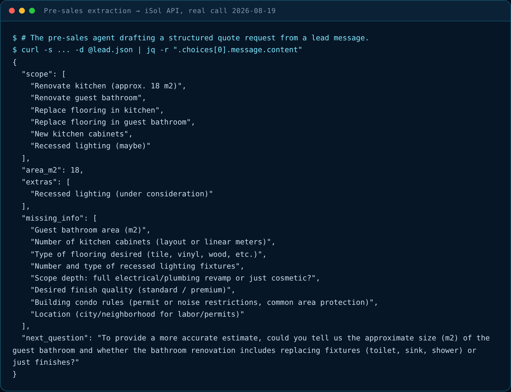Real pre-sales extraction: structured scope, missing info list and one follow-up question