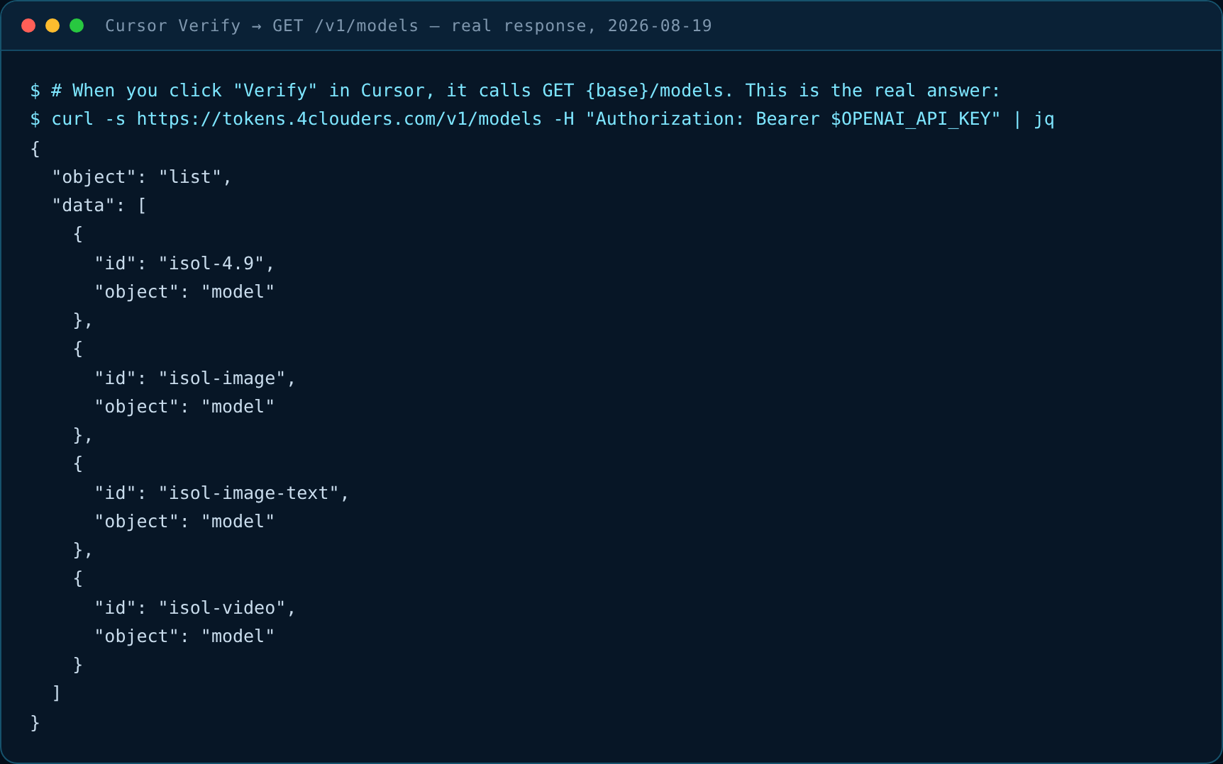 Real GET /v1/models response, what Cursor receives when you click Verify