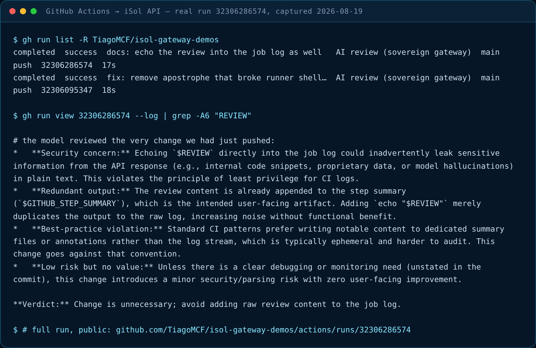 Real GitHub Actions run: isol-4.9 reviewing the pushed diff through the sovereign gateway