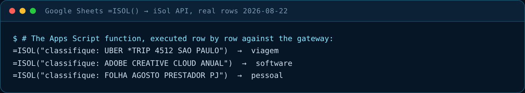 Three expense rows classified through the iSol gateway