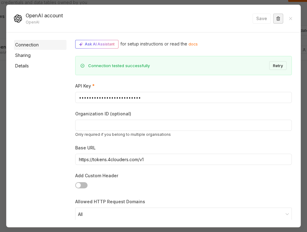 n8n OpenAI credential with Base URL pointed at the iSol gateway, connection tested successfully