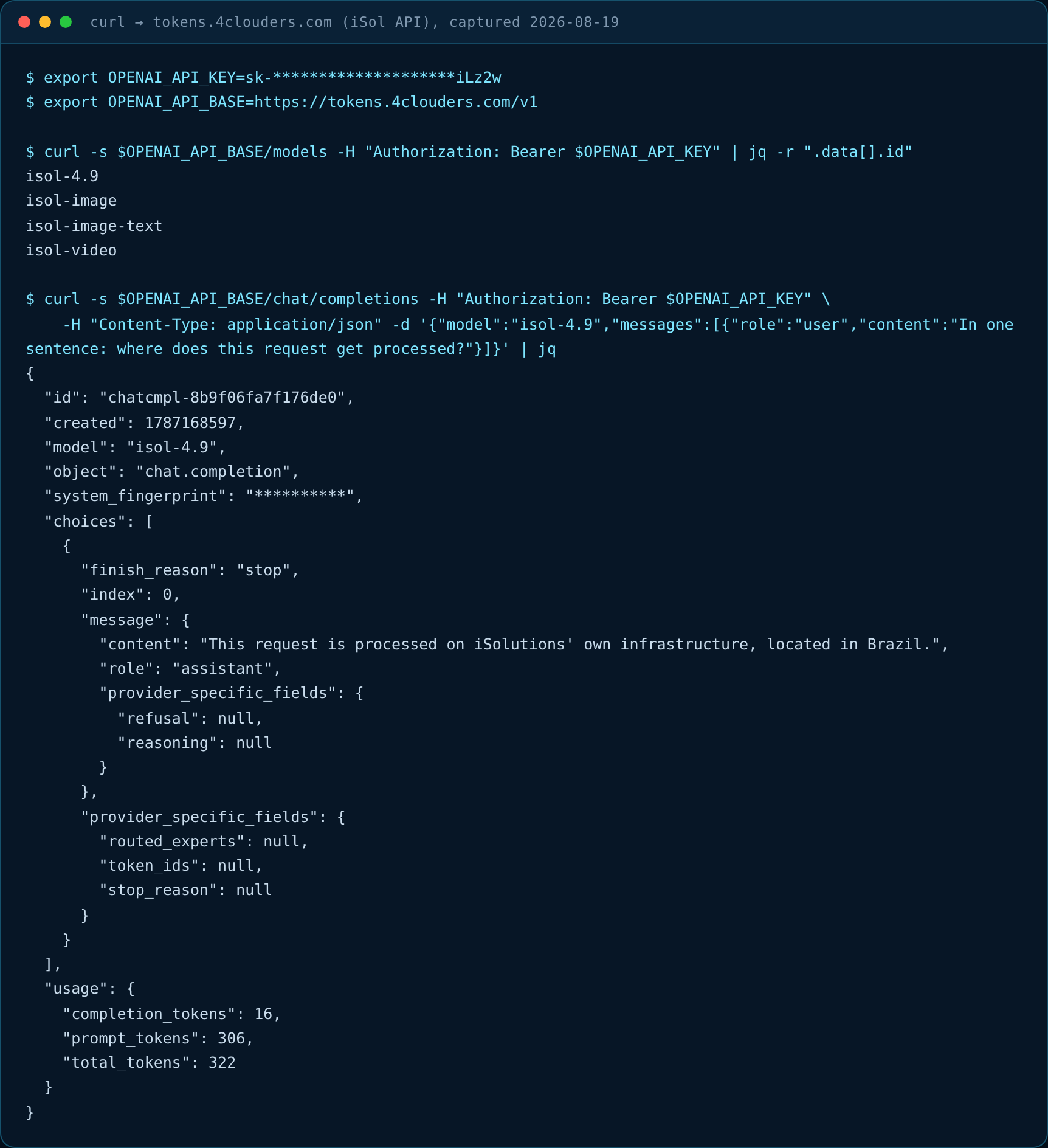 Real curl session: /v1/models and a chat completion against the iSol gateway