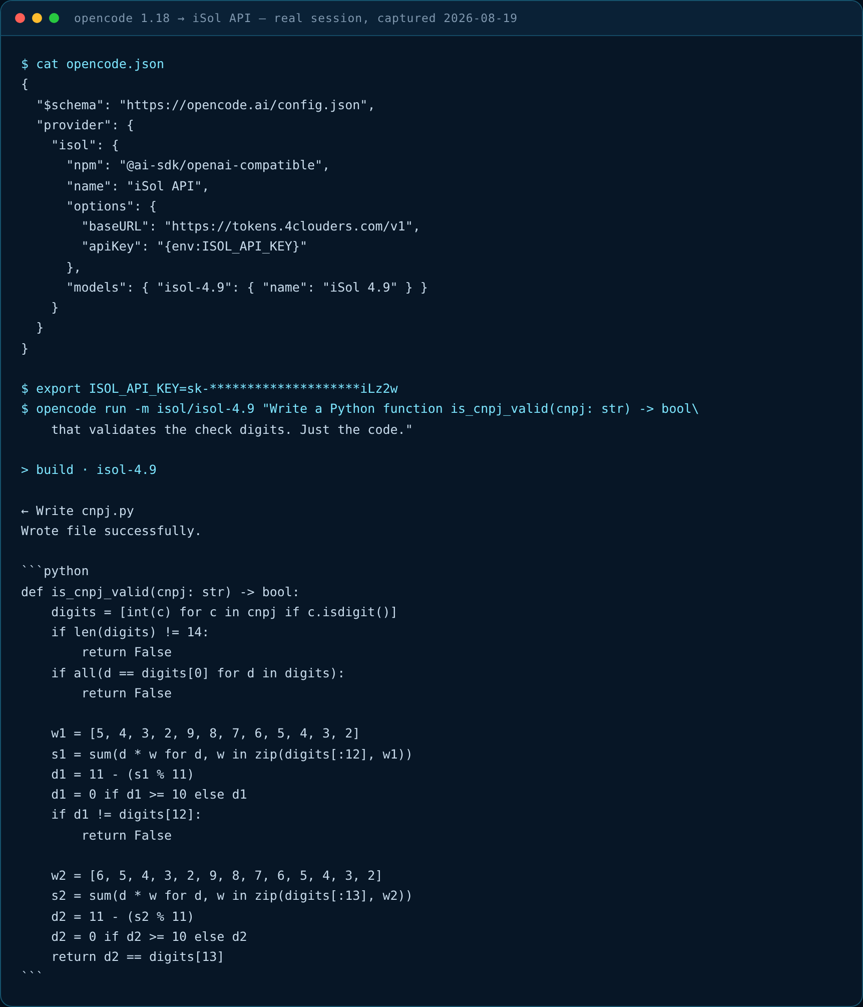 Real OpenCode session writing cnpj.py through the iSol gateway