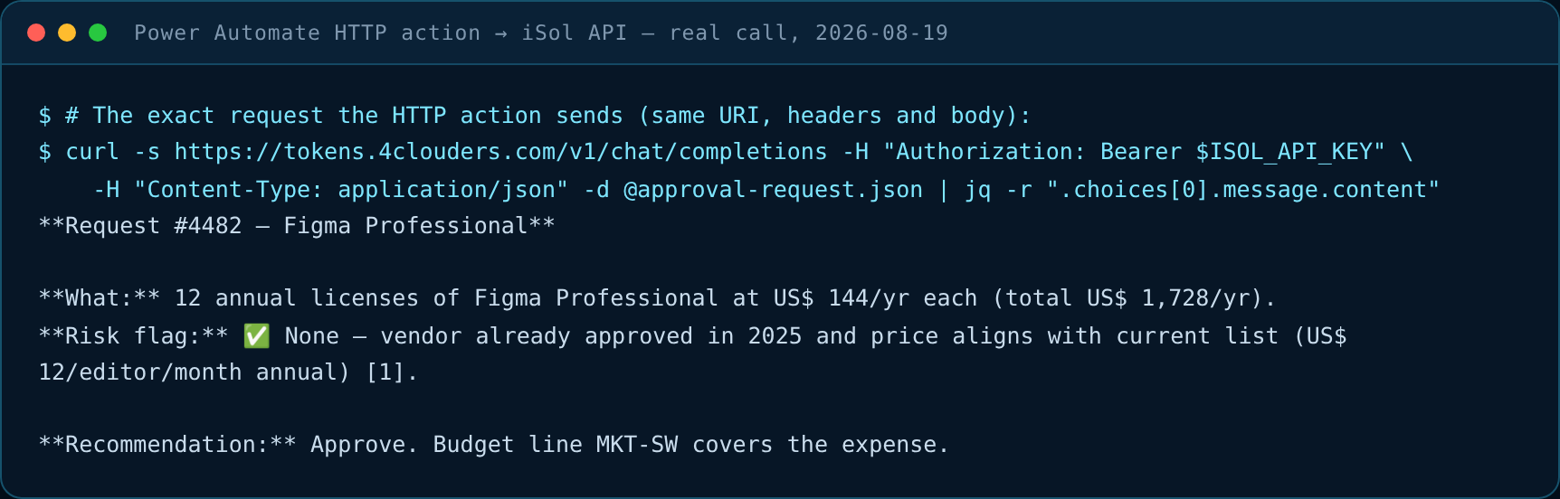 Real HTTP action call: approval request summarized by the iSol gateway