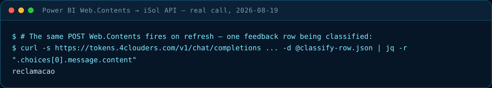 Real Web.Contents-style call: feedback row classified as reclamacao by the iSol gateway