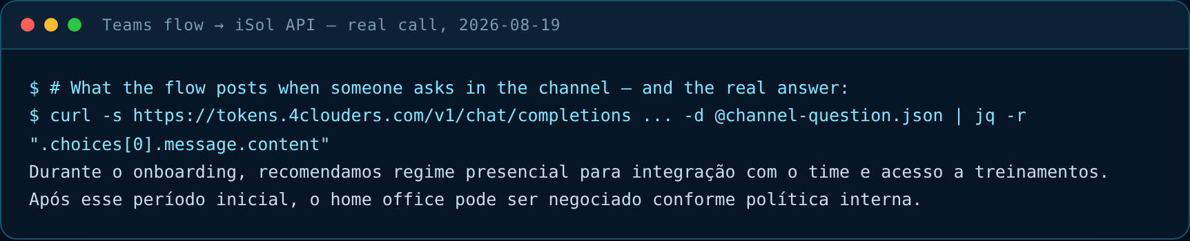 Real call: channel question answered in Portuguese by the iSol gateway