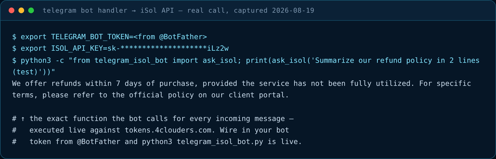 Real run of the Telegram bot handler answering through the iSol gateway