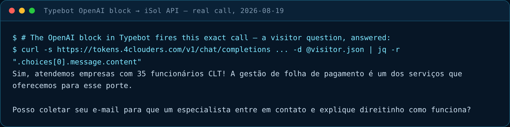 Real call: visitor question answered with a lead-capture close by the iSol gateway
