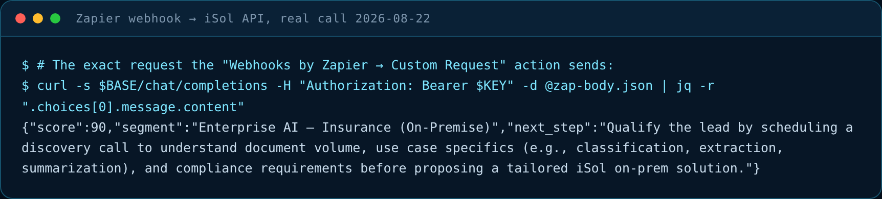 Real lead scoring answered as JSON through the iSol gateway