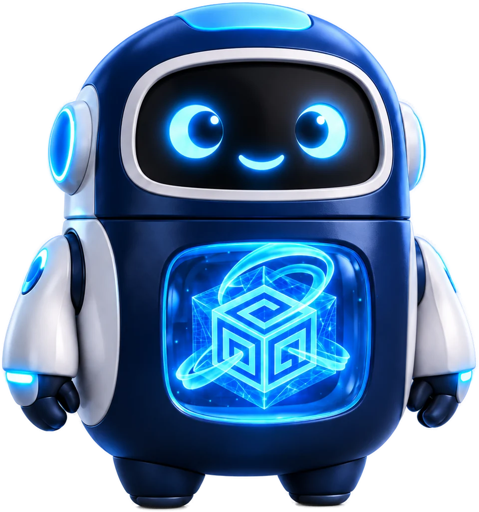Robô azul oficial da iSol, o motor iSol 4.9, com o cubo iSol no peito