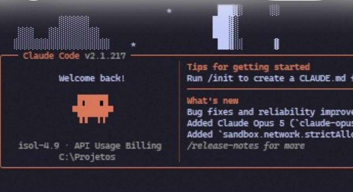 Foto real do terminal: Claude Code rodando com o modelo isol-4.9 e cobrança por uso no gateway iSol