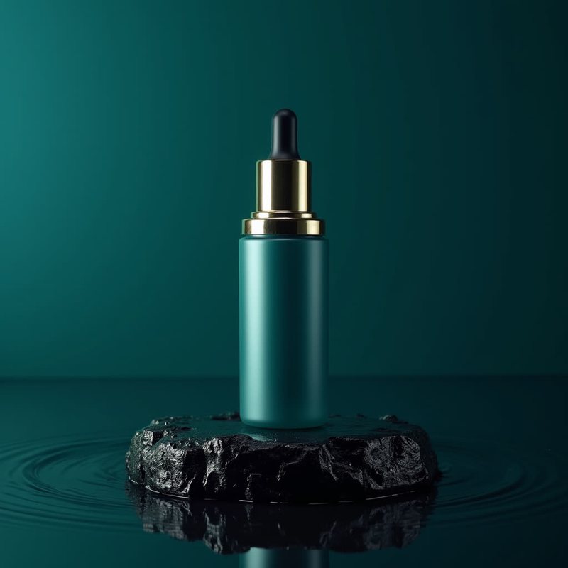Product shot: frasco de sérum sobre pedra, luz de estúdio