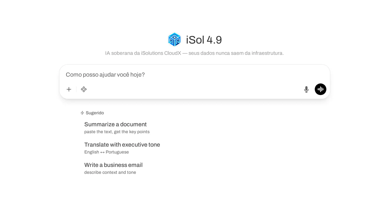 Interface real do iSol Workspace: iSol 4.9 pronto para ajudar